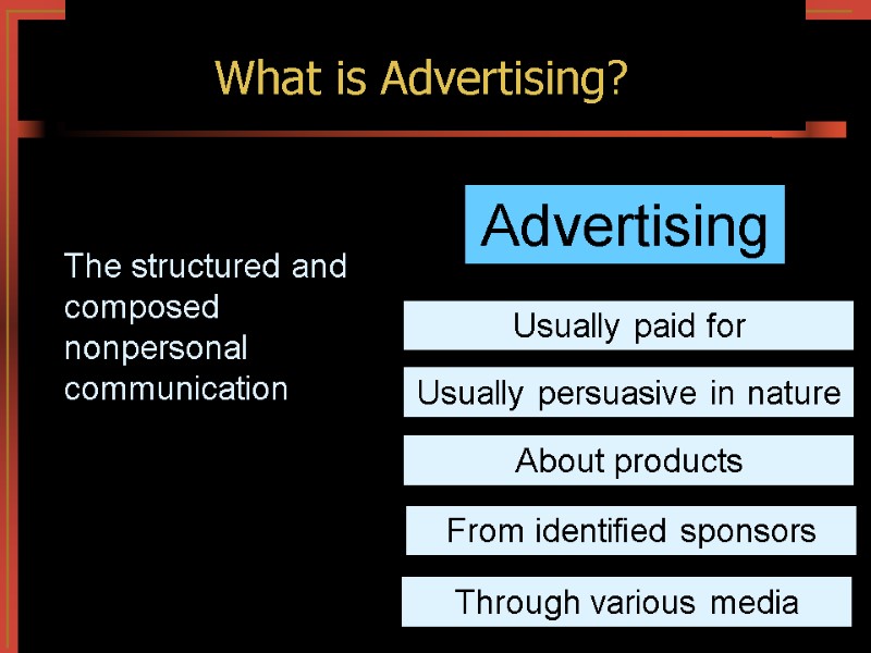 Exchanges perception,  satisfaction What is Advertising? Usually paid for Usually persuasive in nature